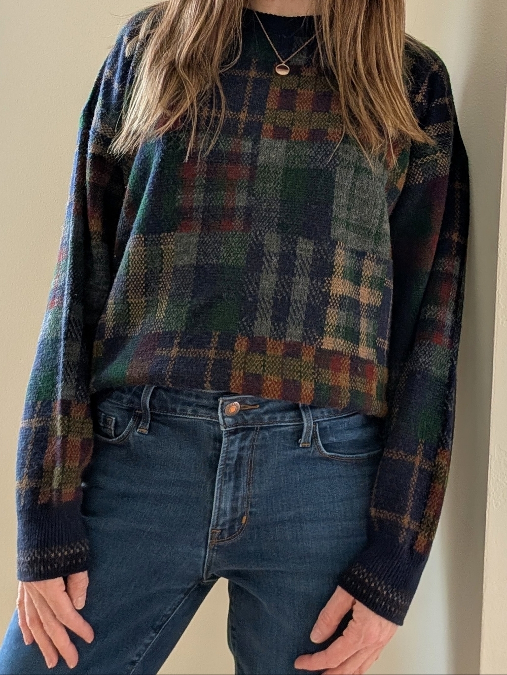 Vintage 90's Plaid Patchwork Knit Crewneck Sweater In Navy/Green